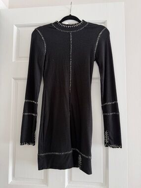 Free People Black Long-Sleeve Stitch-Trim Knit Dress